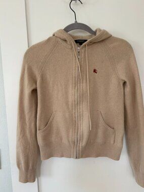 Burberry London Beige Zip Up Hooded Sweater Size 1 Shrunken AS IS
